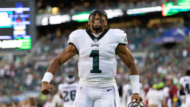 Philadelphia Eagles quarterback Jalen Hurts (1) reacts as his team takes the field for a game against the New York Jets at Lincoln Financial Field.